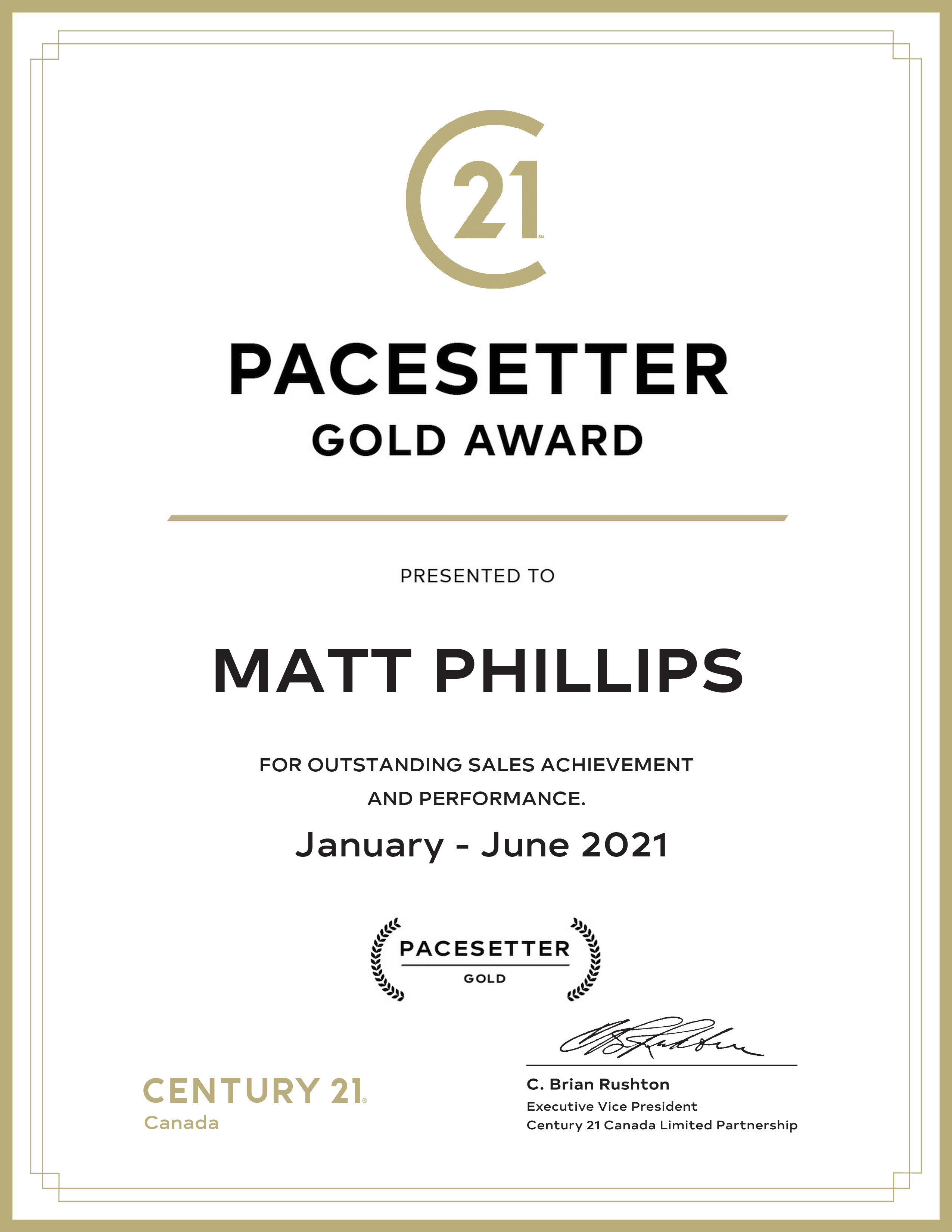 2021 Top Sales Award Presented To Low Commission Realtor Matt Phillips Century 21 In Durham Region